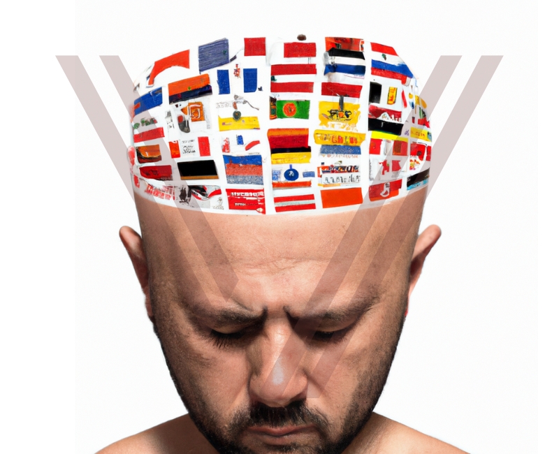 A bold man with lots of flags of nations on his head