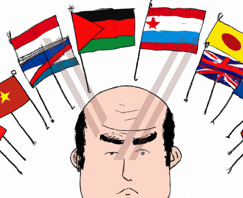 An animation of a bold man with lots of flags of nations around his head