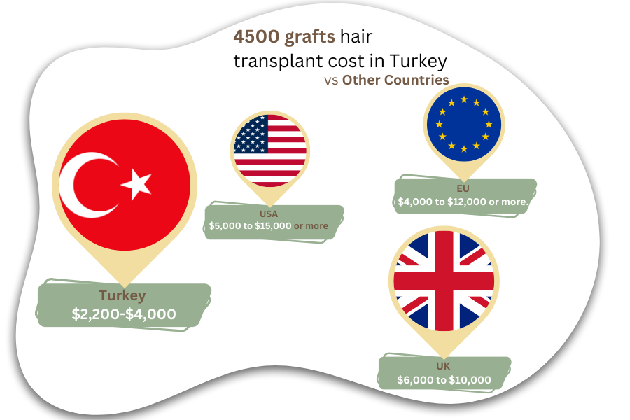 4500 grafts hair transplant cost in Turkey vs Other Countries